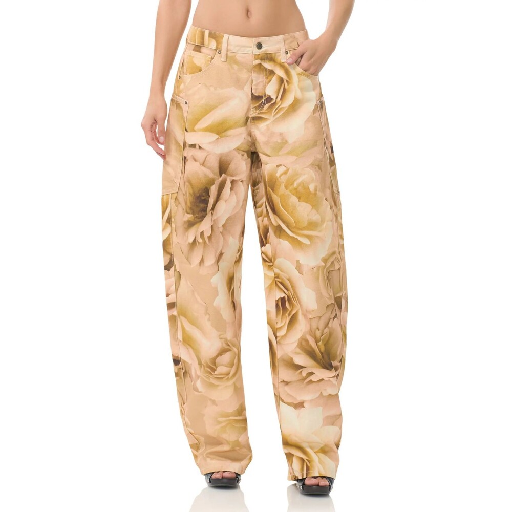AFRM Women’s NWT Bexley Floral Barrel Leg Jeans Gold Rose Print Size 27 NWT